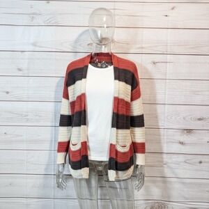 Kate & Sam Striped Open Front Cardigan Sweater Pumpkin Grey Cream XL